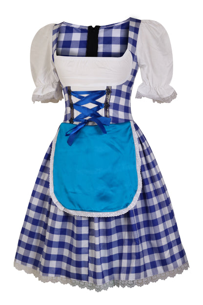 Oktoberfest Dirndl “Bavaria Check” – 2-Piece Set (Dress with Attached Apron, Without Blouse) – Blue-White Polyester Cotton