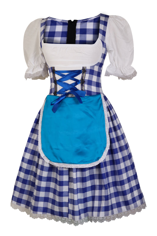 Oktoberfest Dirndl “Bavaria Check” – 2-Piece Set (Dress with Attached Apron, Without Blouse) – Blue-White Polyester Cotton