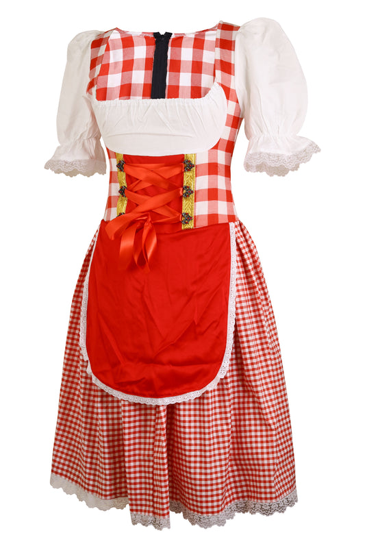 Dirndl “Alpenrot Classic” – Dress with Attached Silk Apron (No Blouse) – Red-White Gingham, Cotton Polyester Blend