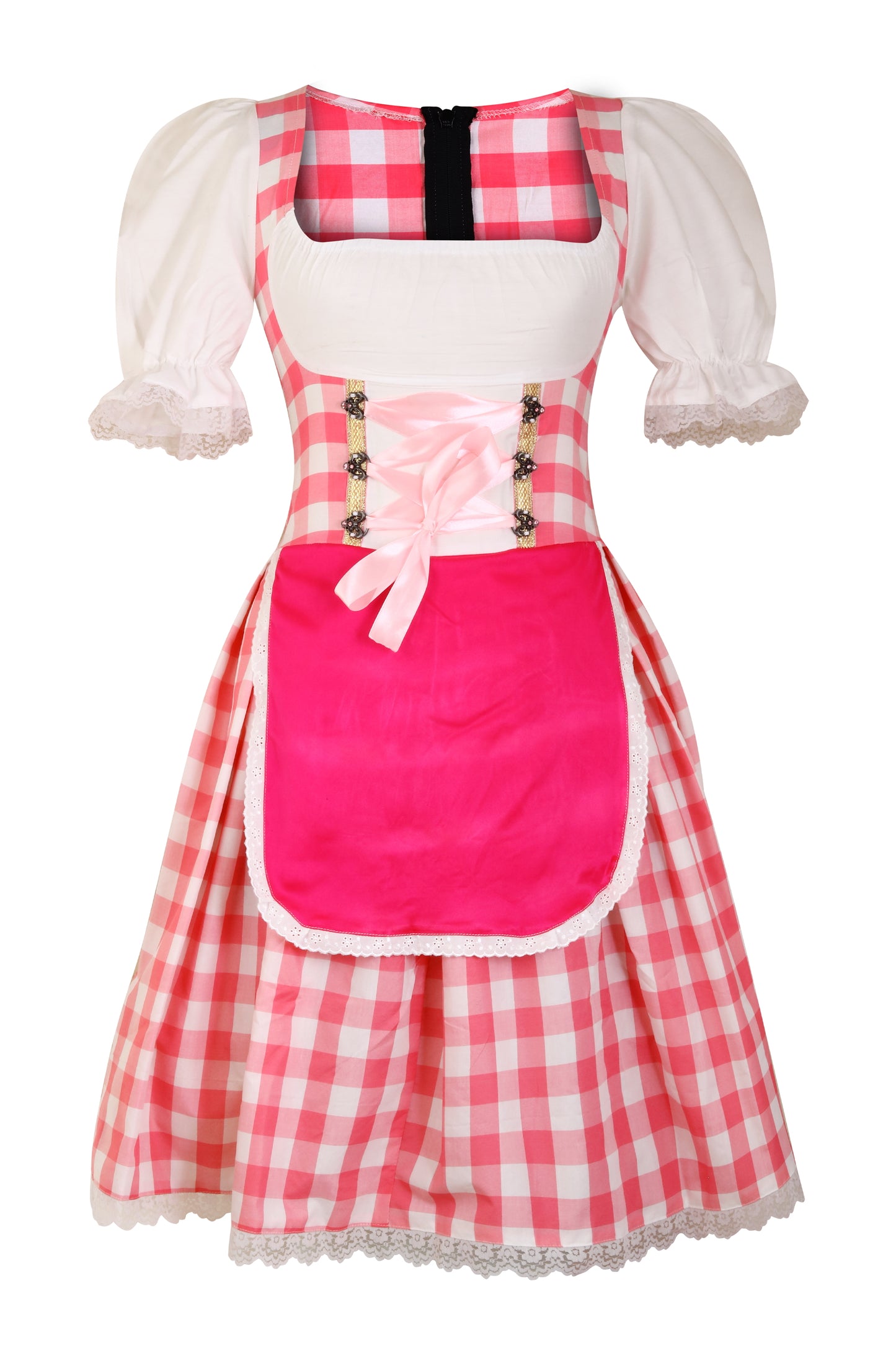 Dirndl “Pink Bavaria” – Dress with Attached Satin Apron  – Cotton & Polyester Blend