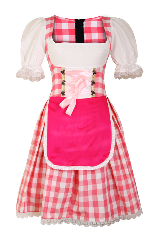 Dirndl “Pink Bavaria” – Dress with Attached Satin Apron  – Cotton & Polyester Blend