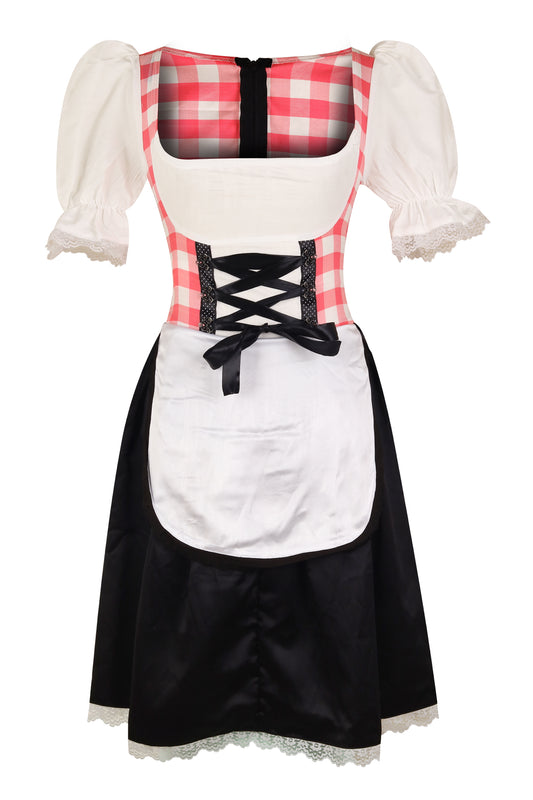 Traditional Dirndl “Alpenrose” – 2-Piece Dress with Attached Apron (No Separate Blouse) – Red Gingham, Black Skirt – Cotton & Silk Blend