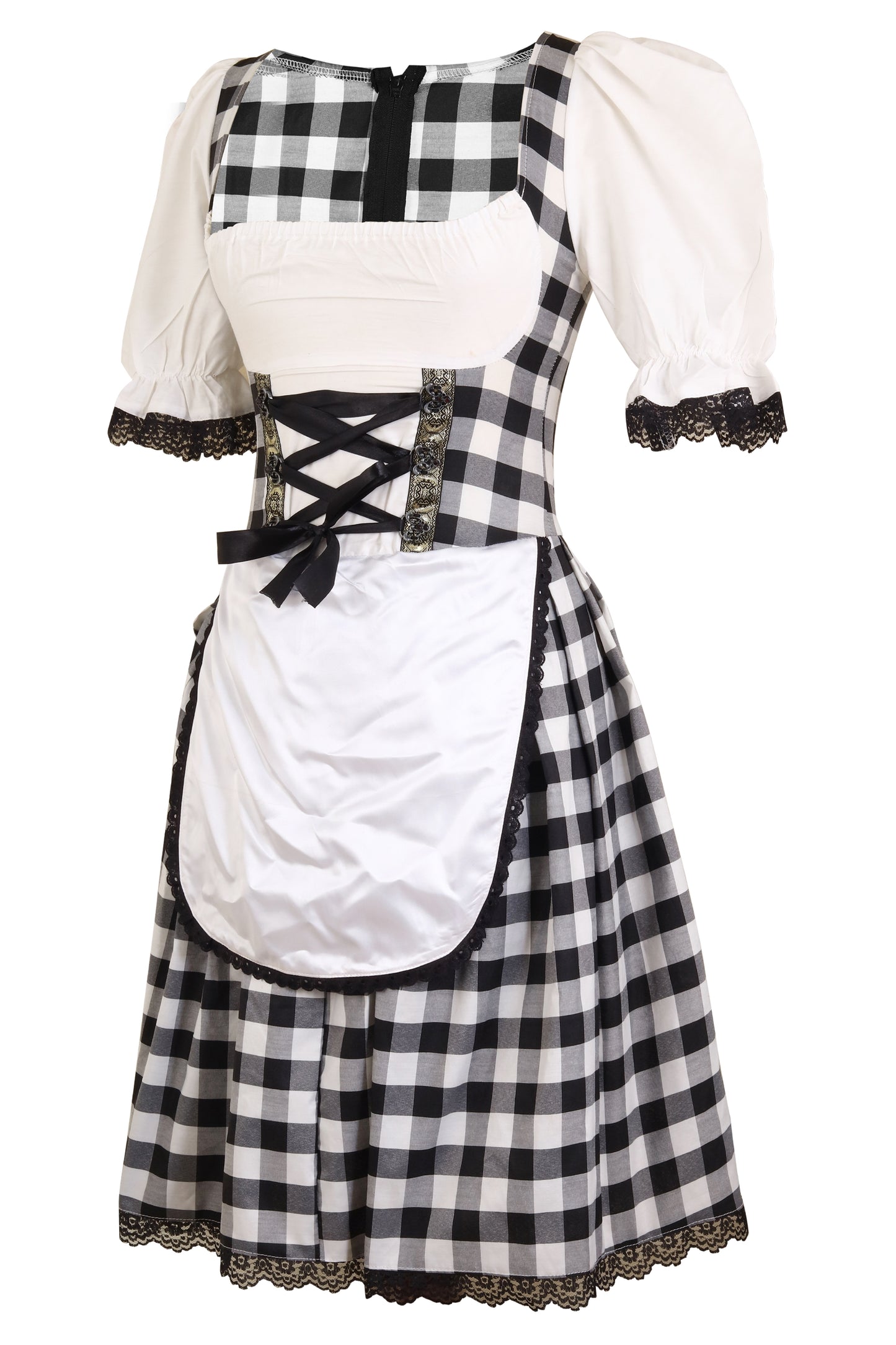 Oktoberfest Dirndl “Bavaria Classic” – 2-Piece Set (Dress with Attached Apron, Without Blouse) – Black-White Check Polyester Cotton