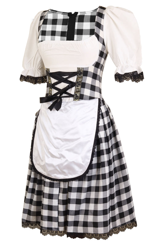 Oktoberfest Dirndl “Bavaria Classic” – 2-Piece Set (Dress with Attached Apron, Without Blouse) – Black-White Check Polyester Cotton