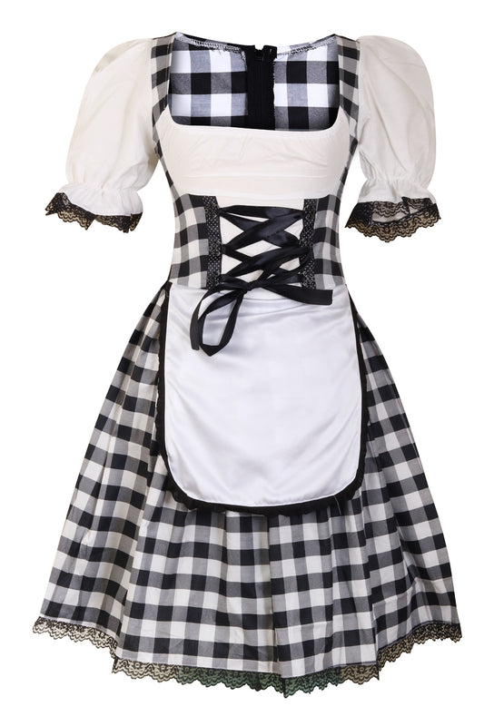 Oktoberfest Dirndl “Bavaria Classic” – 2-Piece Set (Dress with Attached Apron, Without Blouse) – Black-White Check Polyester Cotton