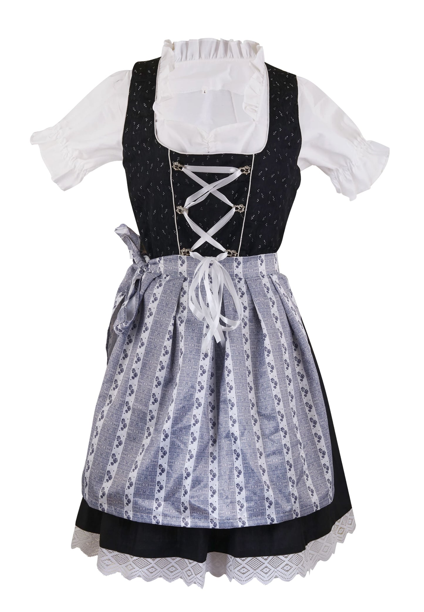 Traditional Dirndl “Schwarzblume” – 3-Piece Set (Dress + Apron + Blouse) – Black with Blue-White Striped Apron