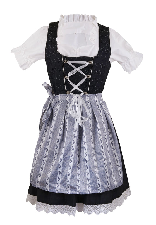 Traditional Dirndl “Schwarzblume” – 3-Piece Set (Dress + Apron + Blouse) – Black with Blue-White Striped Apron