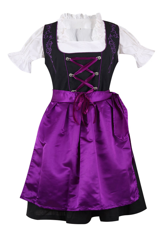 Traditional Dirndl “Viola Eleganz” – 3-Piece Set (Dress + Silk Apron + Blouse) – Black Cotton with Purple Accents