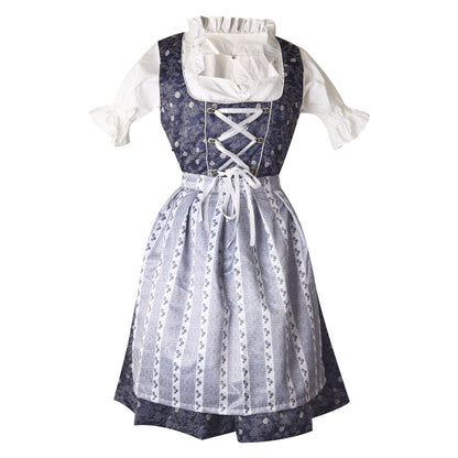 Traditional Dirndl “Alpenhimmel” – 3-Piece Set (Dress + Apron + Blouse) – Navy Blue with Striped Apron