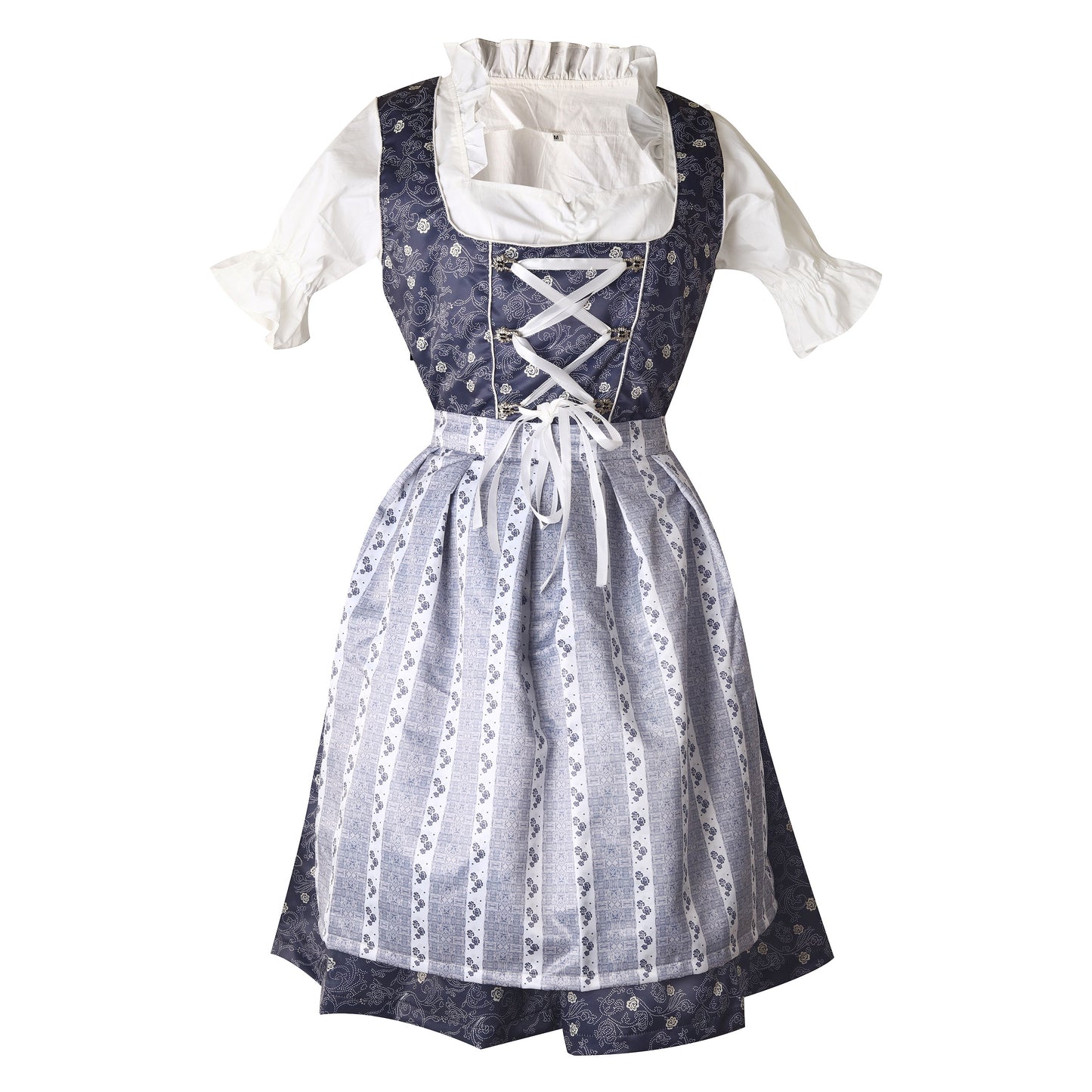 Traditional Dirndl “Alpenhimmel” – 3-Piece Set (Dress + Apron + Blouse) – Navy Blue with Striped Apron