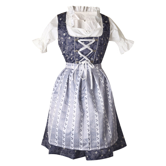 Traditional Dirndl “Alpenhimmel” – 3-Piece Set (Dress + Apron + Blouse) – Navy Blue with Striped Apron