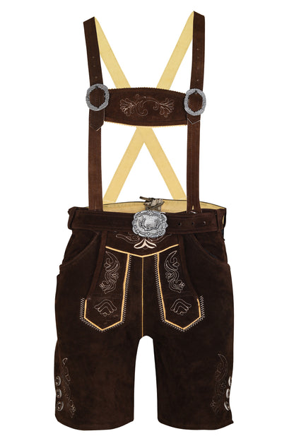 Oktoberfest Lederhosen – Genuine Cow Leather – Dark Brown with Embroidery – Belt & Suspenders Included