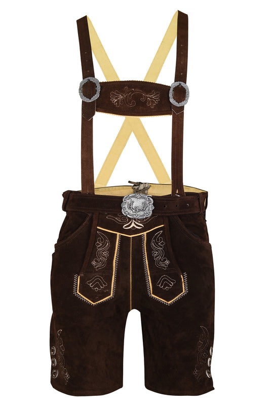 Oktoberfest Lederhosen – Genuine Cow Leather – Dark Brown with Embroidery – Belt & Suspenders Included