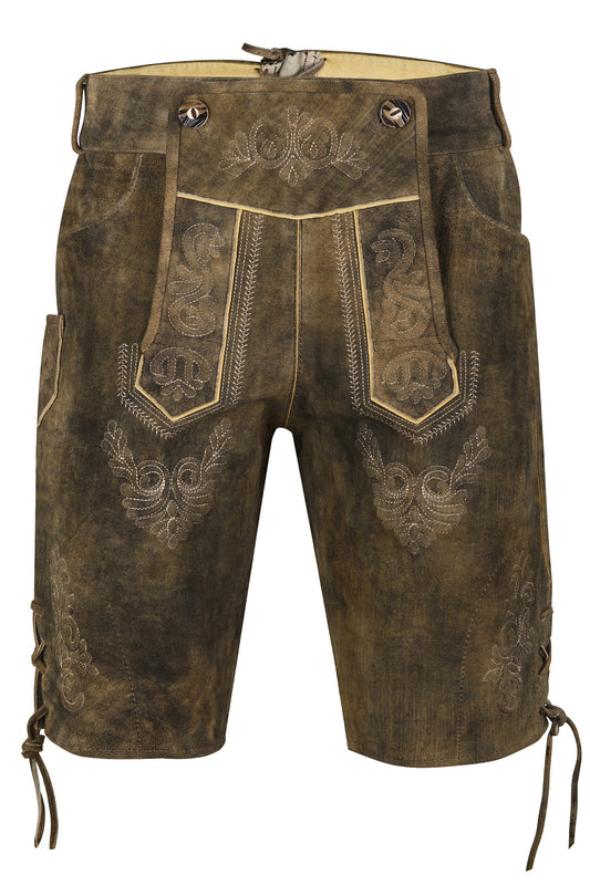 Oktoberfest Lederhosen – Genuine Goat Leather – Rustic Brown with Embroidery & Belt & suspenders