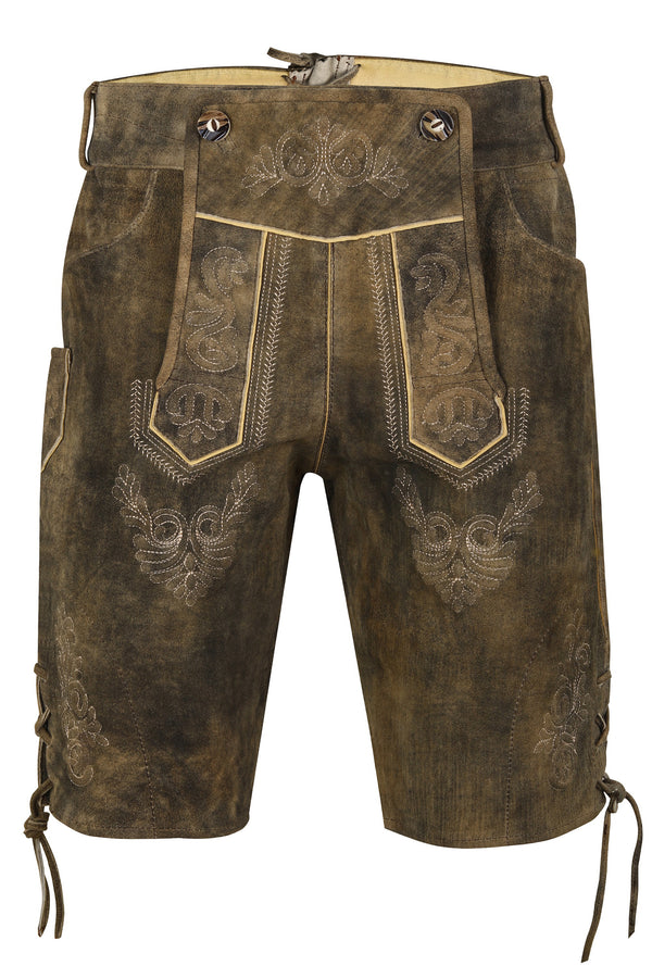 Men’s Rustic Brown Lederhosen – Goat Leather Bavarian Shorts