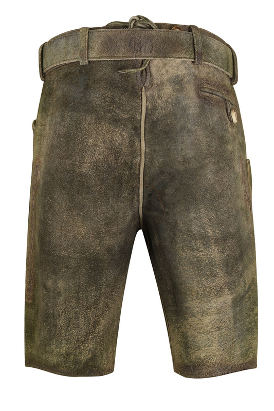 Oktoberfest Lederhosen – Genuine Goat Leather – Antique Green Brown – with Belt & Embroidery