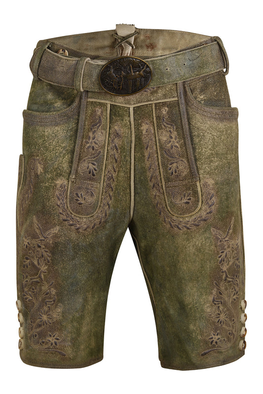 Oktoberfest Lederhosen – Genuine Goat Leather – Antique Green Brown – with Belt & Embroidery