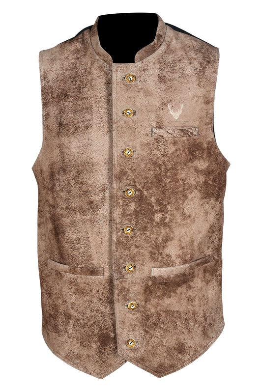 Traditional Bavarian Leather Vest – Brown Stone Goat Leather