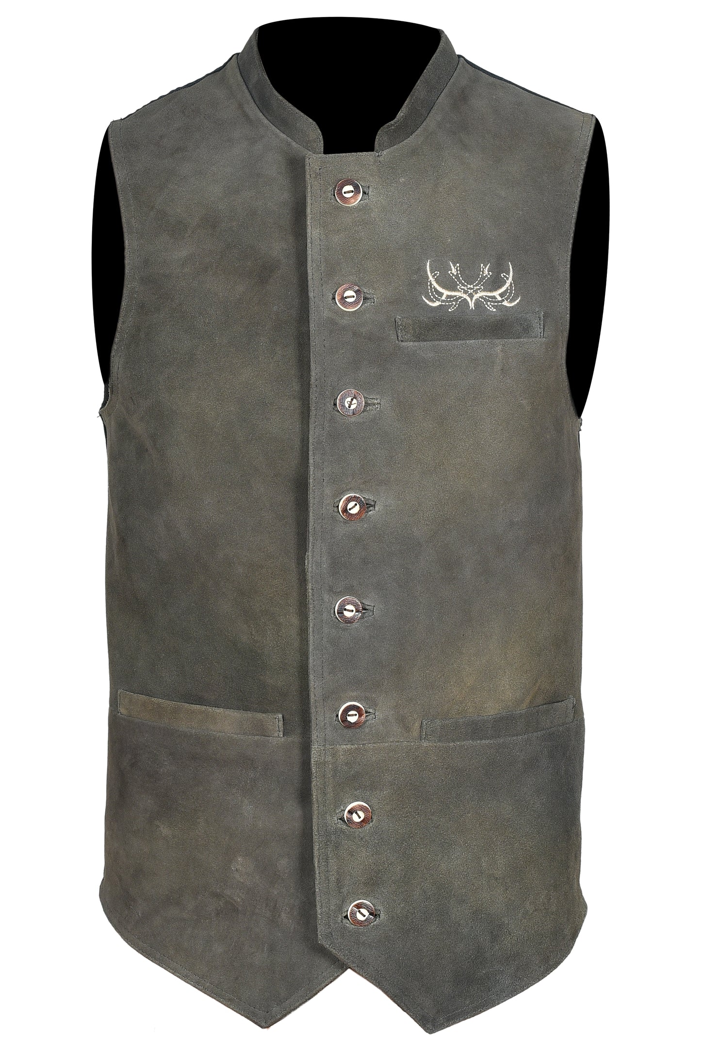 Traditional Bavarian Leather Vest – Olive Goat Leather