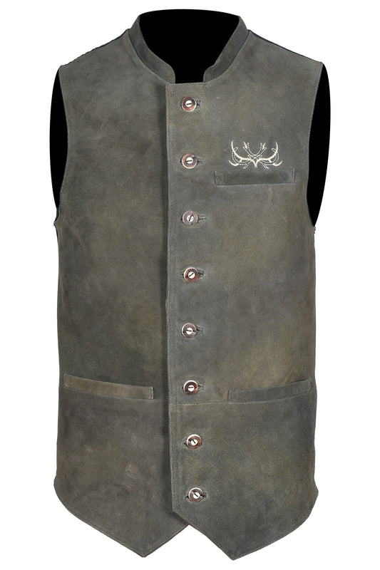 Traditional Bavarian Leather Vest – Olive Goat Leather