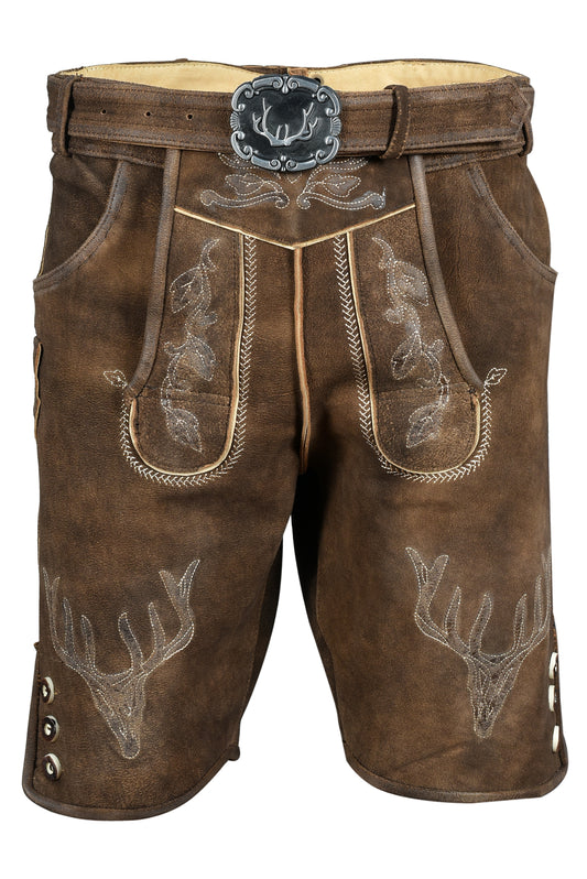 Oktoberfest Lederhosen – Genuine Goat Leather – Antique  Brown – with Belt & Embroidery
