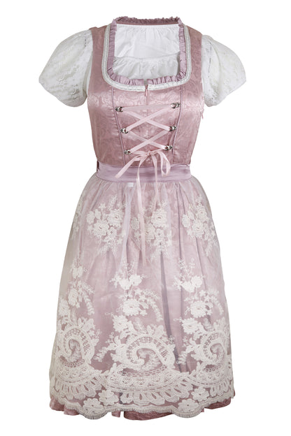Luxury Silk Dirndl “Rosengarten” – 3-Piece Set (Dress + Apron + Blouse) – Lilac Pink with White Lace – Premium Oktoberfest Outfit