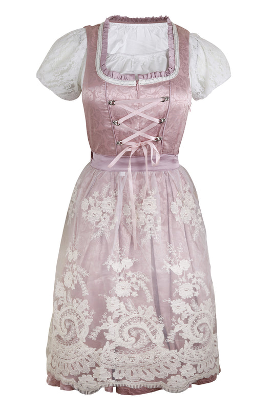 Luxury Silk Dirndl “Rosengarten” – 3-Piece Set (Dress + Apron + Blouse) – Lilac Pink with White Lace – Premium Oktoberfest Outfit