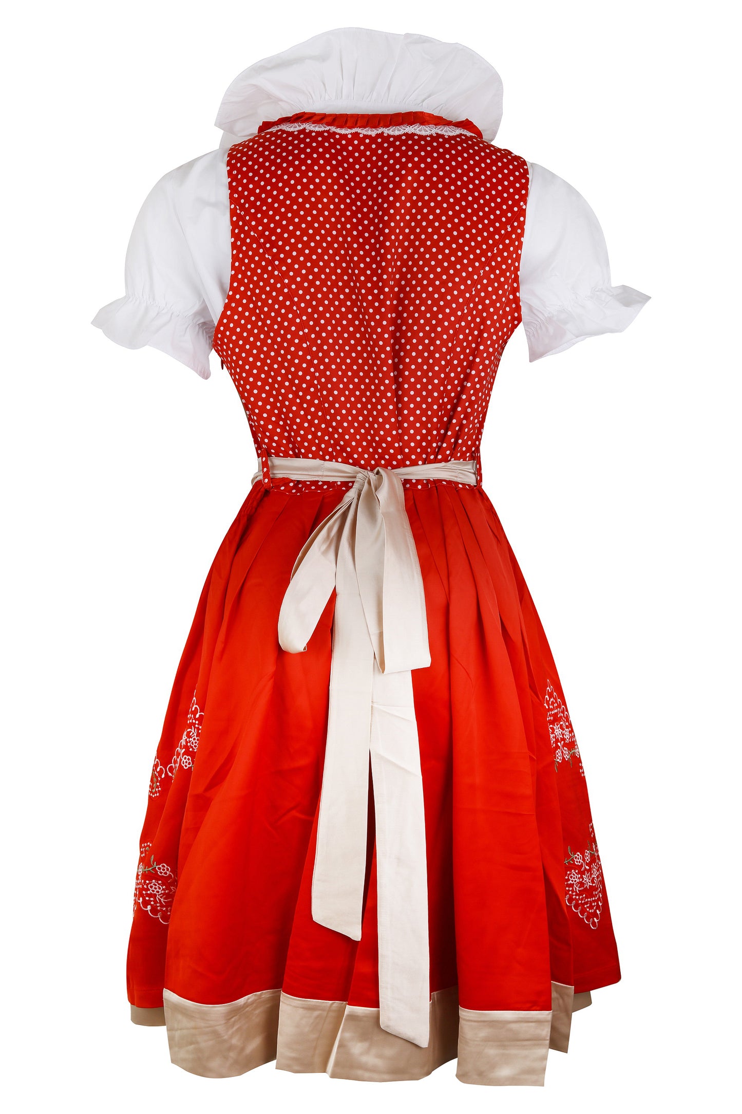 Traditional Bavarian Dirndl “Alpenrot” – 3-Piece Set (Dress + Apron + Blouse) – Red with White Embroidery – Oktoberfest Costume
