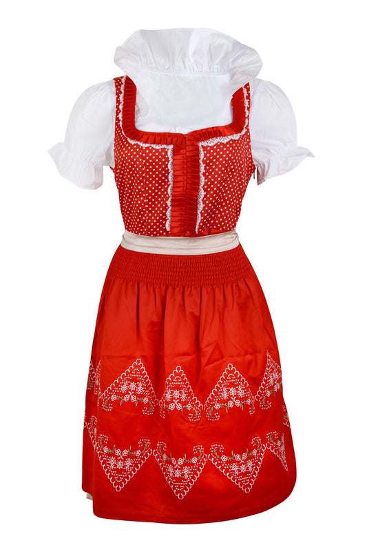 Traditional Bavarian Dirndl “Alpenrot” – 3-Piece Set (Dress + Apron + Blouse) – Red with White Embroidery – Oktoberfest Costume