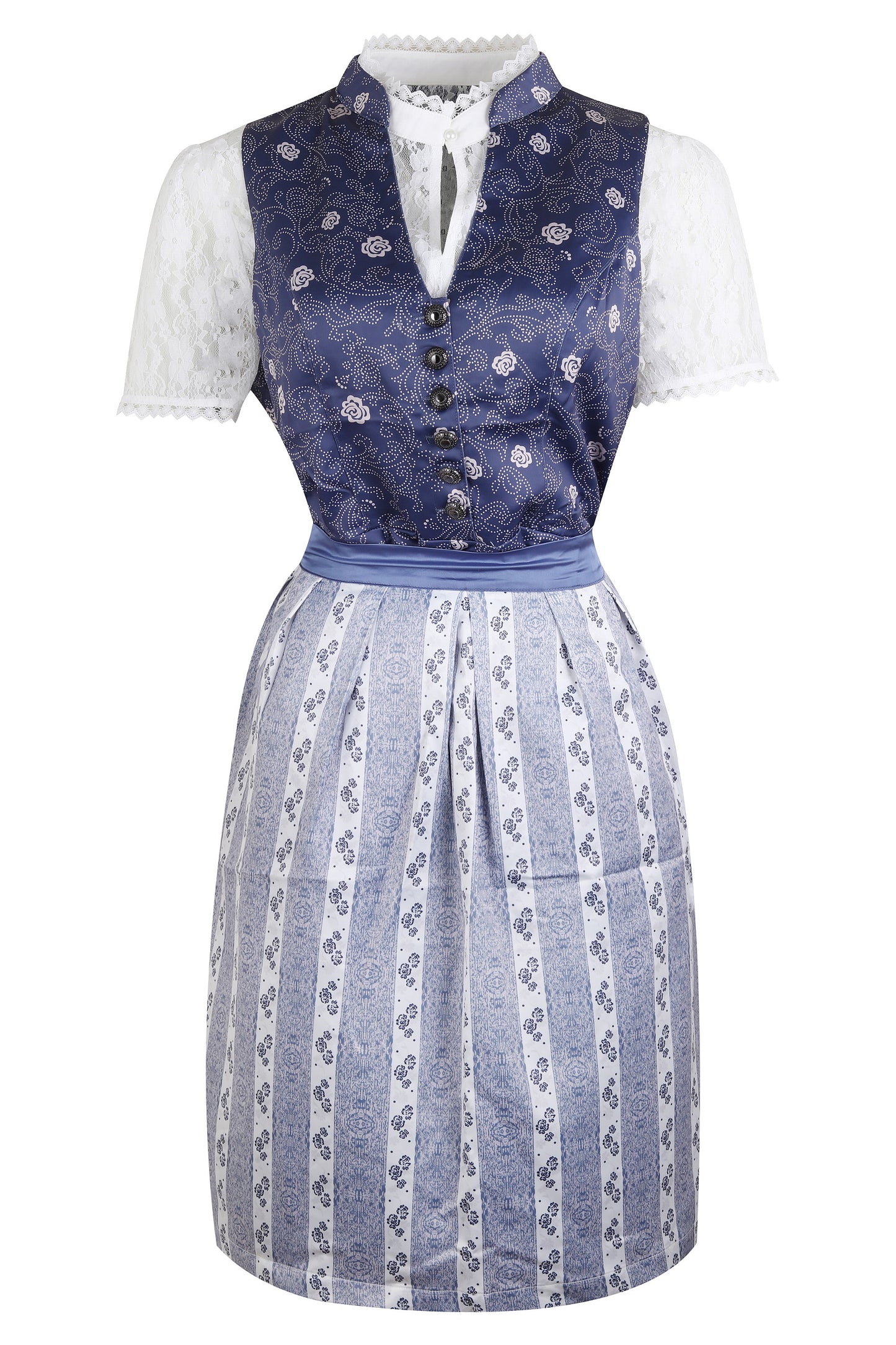 Traditional Dirndl “Alpenblau” – 3-Piece Set (Dress + Apron + Blouse) – Blue & White Bavarian Style