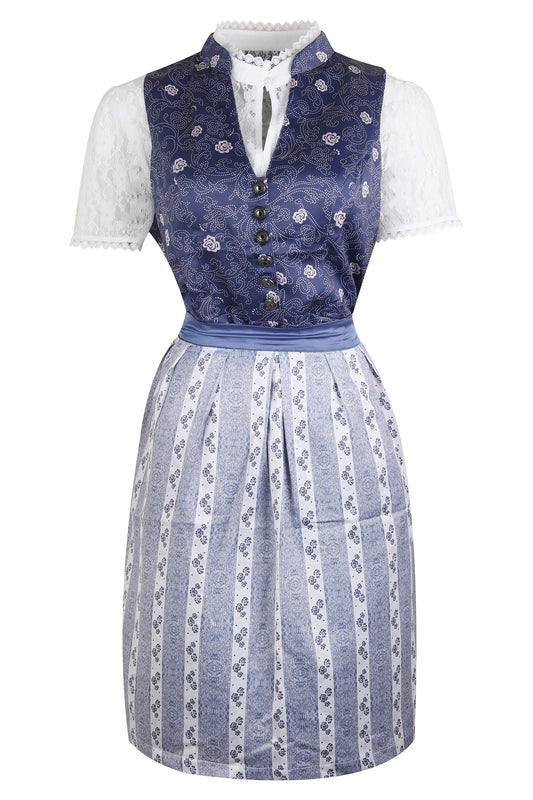 Traditional Dirndl “Alpenblau” – 3-Piece Set (Dress + Apron + Blouse) – Blue & White Bavarian Style