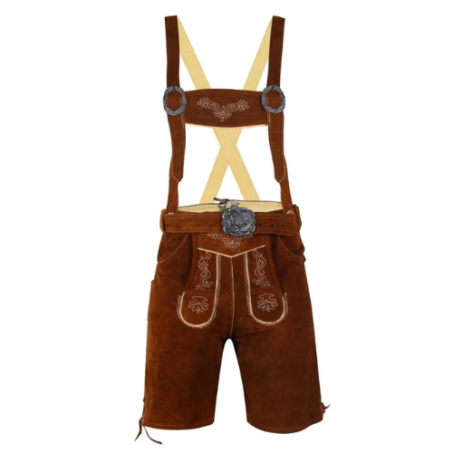 Oktoberfest Lederhosen – Genuine Cow Leather – Brown with Embroidery – Belt & Suspenders Included