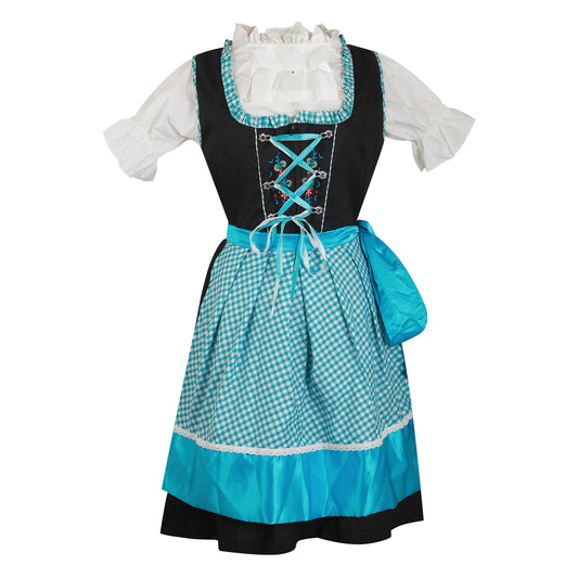 Dirndl “Alpenblau Fest” – 3-Piece Set (Dress + Satin Apron + Blouse) – Turquoise Gingham & Black – Cotton Polyester Blend