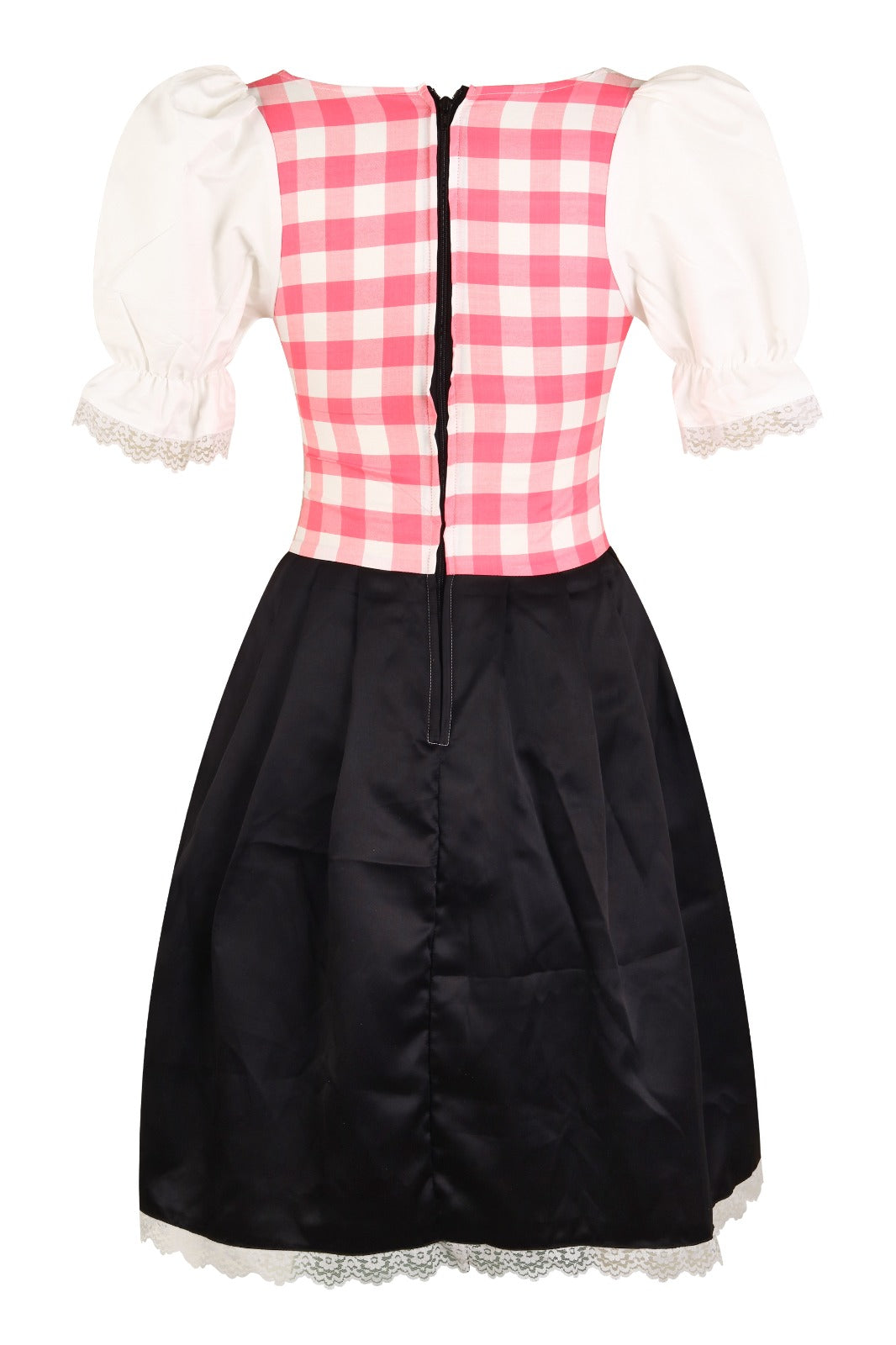 Traditional Dirndl “Alpenrose” – 2-Piece Dress with Attached Apron (No Separate Blouse) – Red Gingham, Black Skirt – Cotton & Silk Blend