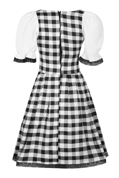 Oktoberfest Dirndl “Bavaria Classic” – 2-Piece Set (Dress with Attached Apron, Without Blouse) – Black-White Check Polyester Cotton