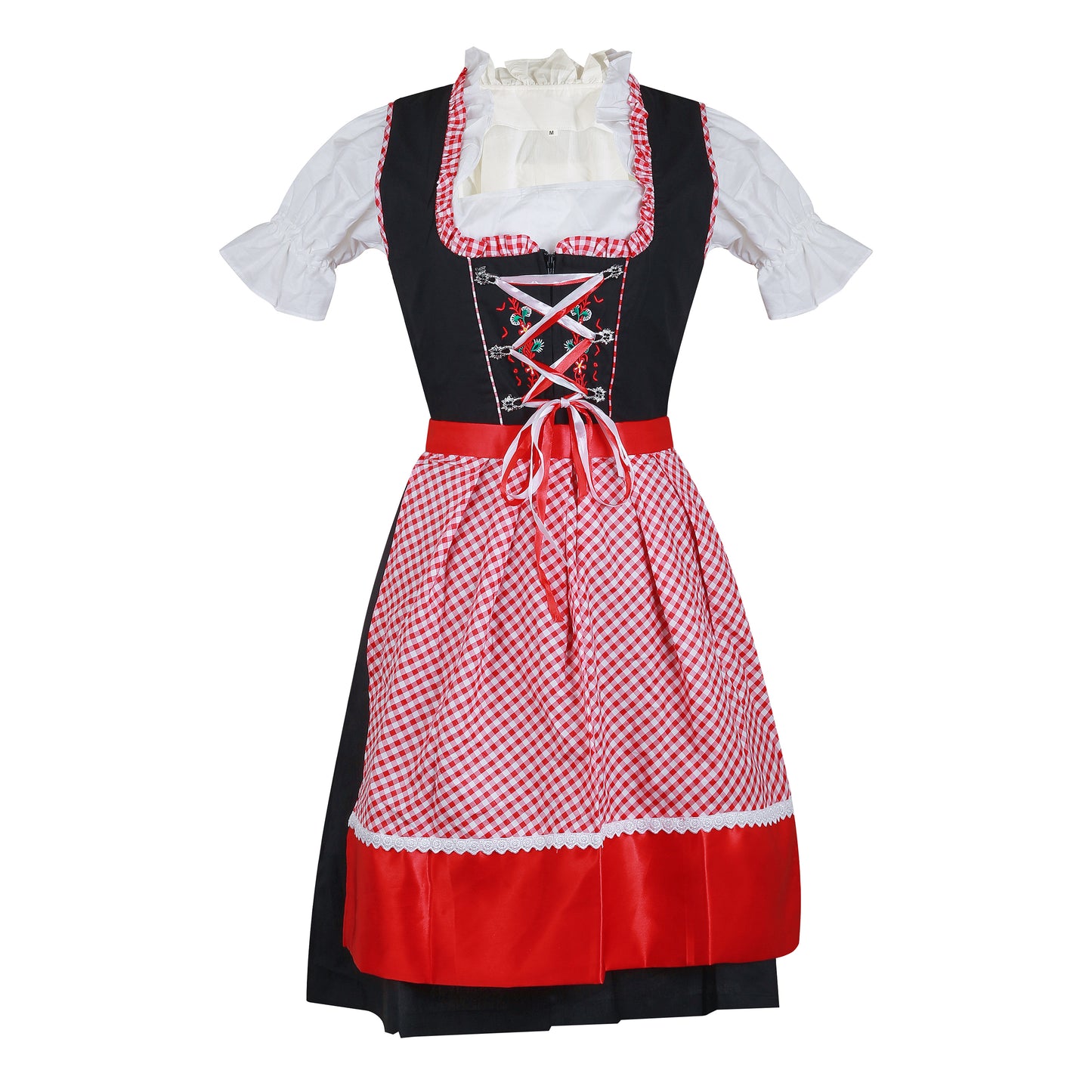 Dirndl “Bavaria Rot” – 3-Piece Set (Dress + Satin Apron + Blouse) – Black & Red Gingham, Cotton Polyester Blend