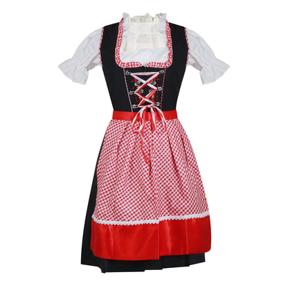 Dirndl “Bavaria Rot” – 3-Piece Set (Dress + Satin Apron + Blouse) – Black & Red Gingham, Cotton Polyester Blend