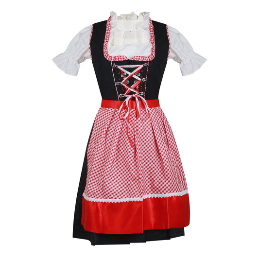 Dirndl “Bavaria Rot” – 3-Piece Set (Dress + Satin Apron + Blouse) – Black & Red Gingham, Cotton Polyester Blend