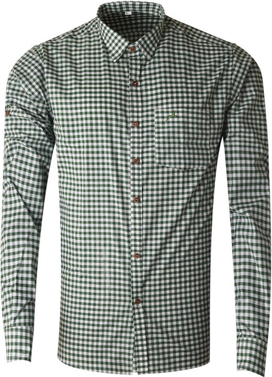 Oktoberfest Costume Shirt – Green & White checked– Deer Embroidered Pocket