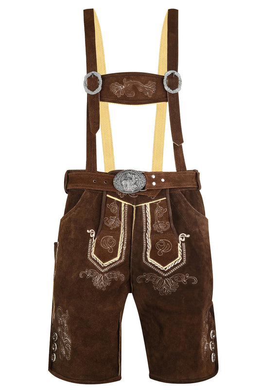 Lederhosen Genuine Suede Leather 100% – Brown with Belt & Suspenders – Herakles