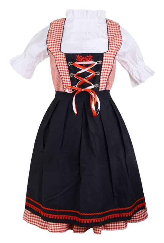 Dirndl “Alpenrot Tracht” – 3-Piece Set (Dress + Apron + Blouse) – Red Gingham & Black Skirt – Cotton Polyester Blend