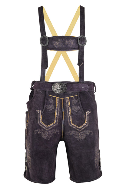 Oktoberfest Lederhosen – Genuine Cow Leather – Dark Grey with Embroidery – Belt & Suspenders Included