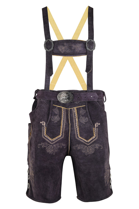 Oktoberfest Lederhosen – Genuine Cow Leather – Dark Grey with Embroidery – Belt & Suspenders Included