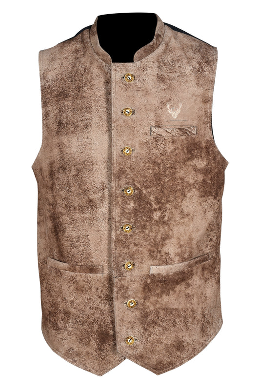 Men's Traditional Leather Waistcoat – Bavarian Oktoberfest Vest – Genuine Leather Burn Smok